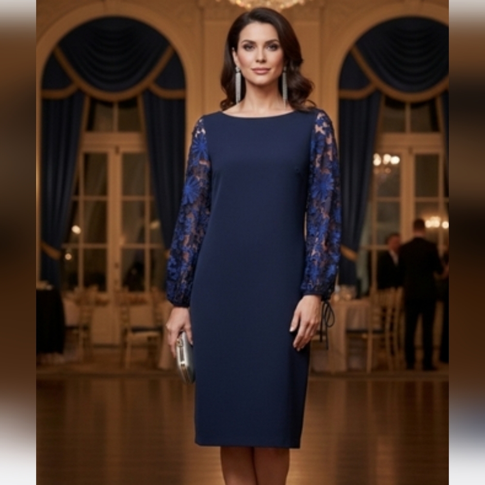Badgley Mischka Boatneck Sheath Dress with Floral Puff Sleeves, Navy Blue Sz 14 - Picture 3 of 15